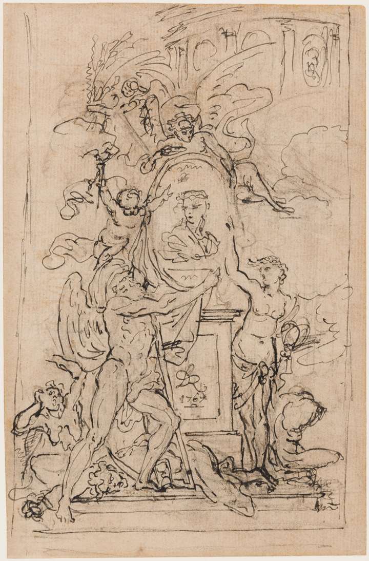 Study for a Frontispiece or Monument, with Allegorical Figures Surrounding an Oval Portrait of a Young Woman